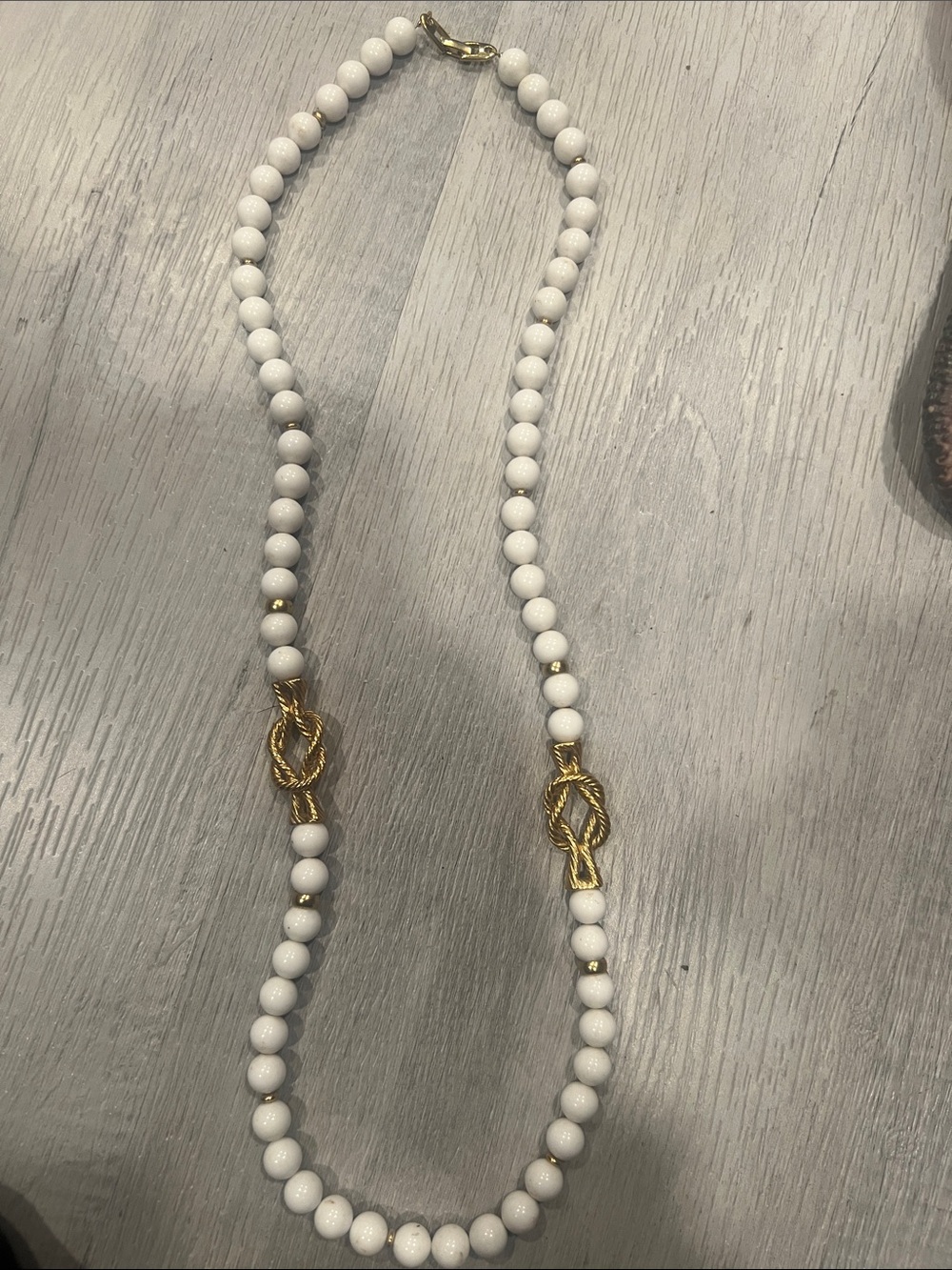 Vintage White Beaded Necklace with Gold Tone Accents | Elegant Statement Piece